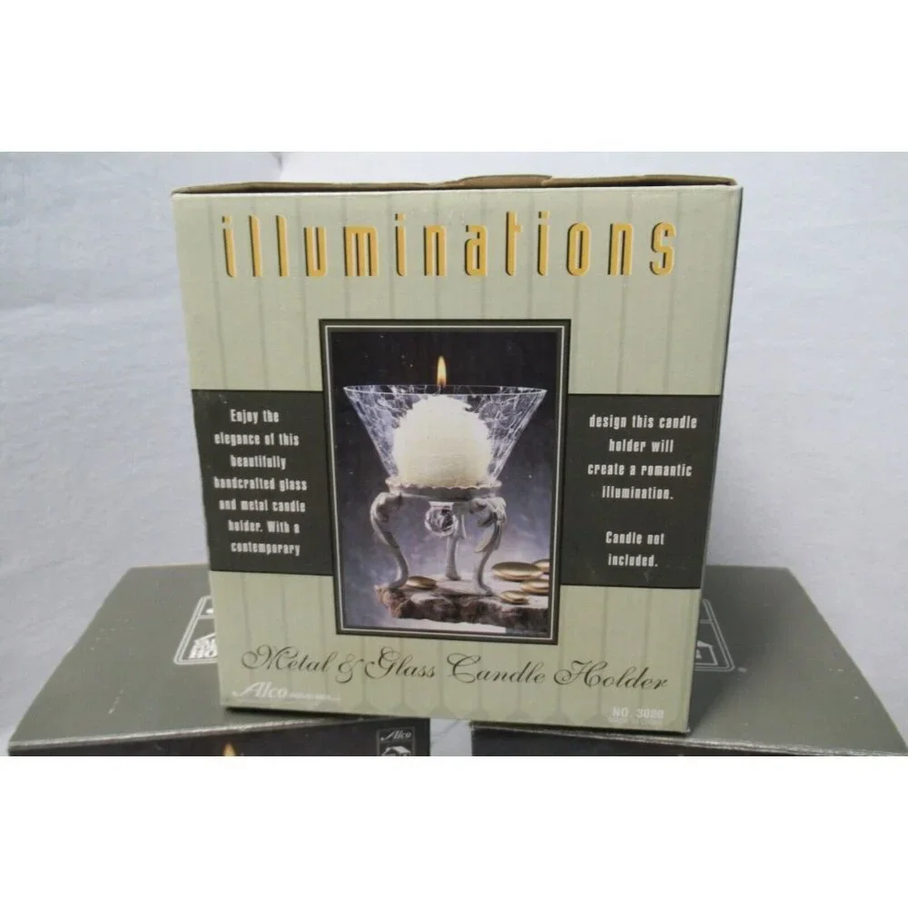 Illuminations Antique White Metal & Glass Candle Holders Set of 3 NOS Alco
